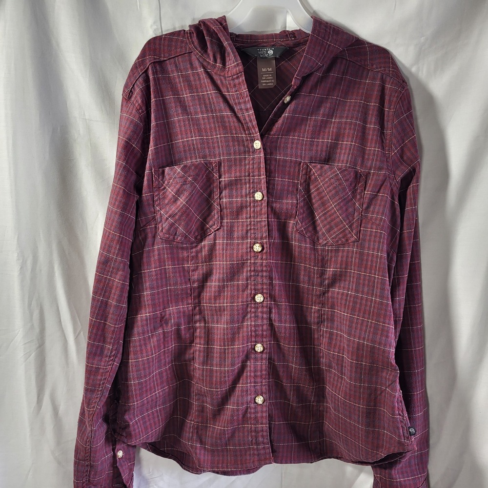 Mountain Hardwear Womens Medium‎ Hooded Flannel Shirt Burgundy Plaid